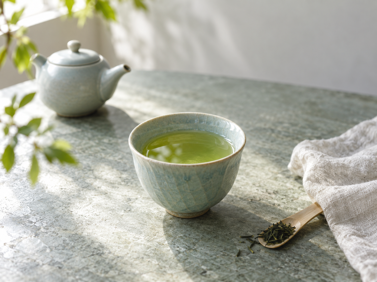 朝の柔らかな光の中、青磁の湯のみの煎茶と急須、茶葉を載せた竹の茶さじ