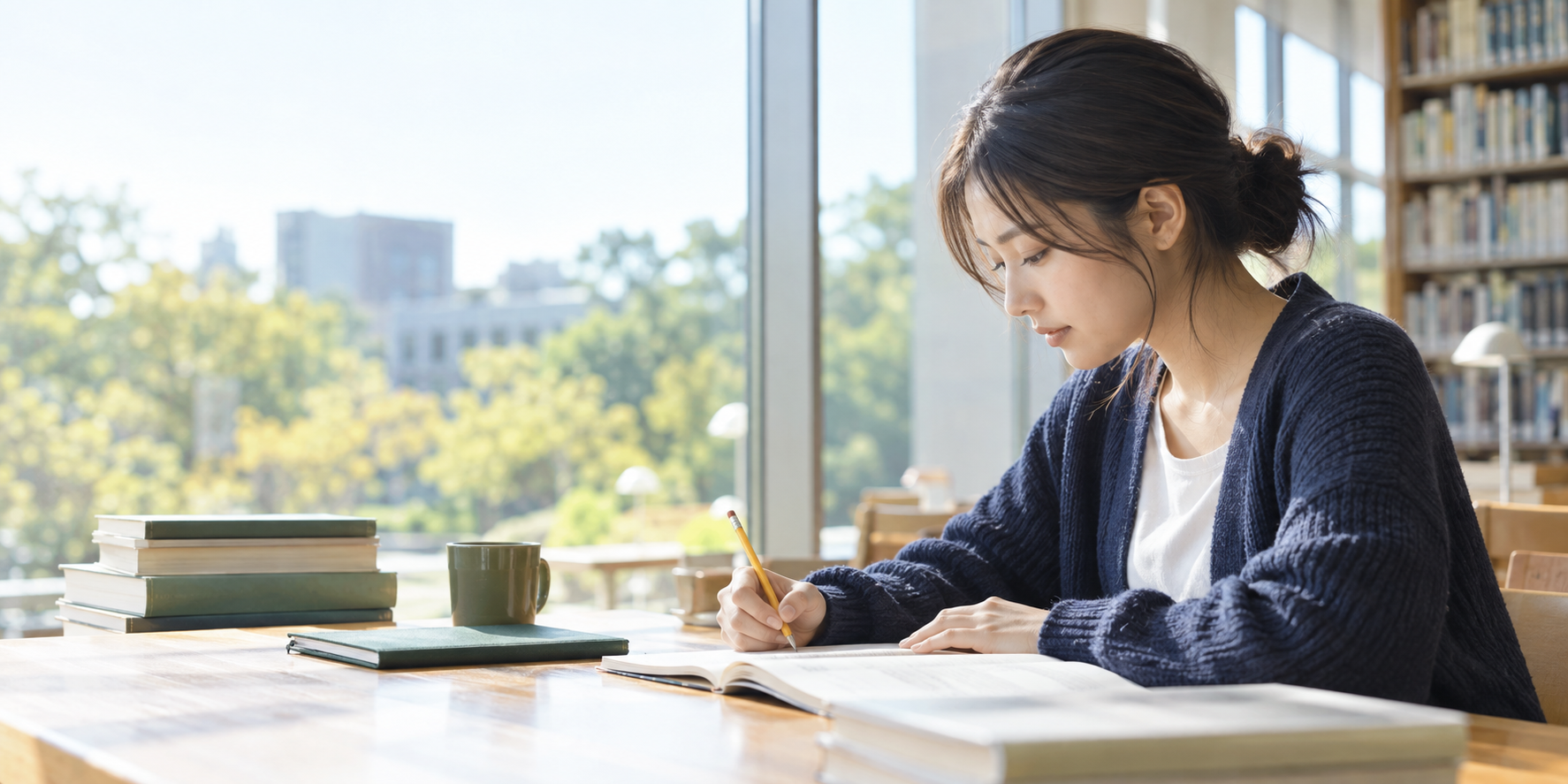 図書館でノートに向かう学生のAI生成イメージ
