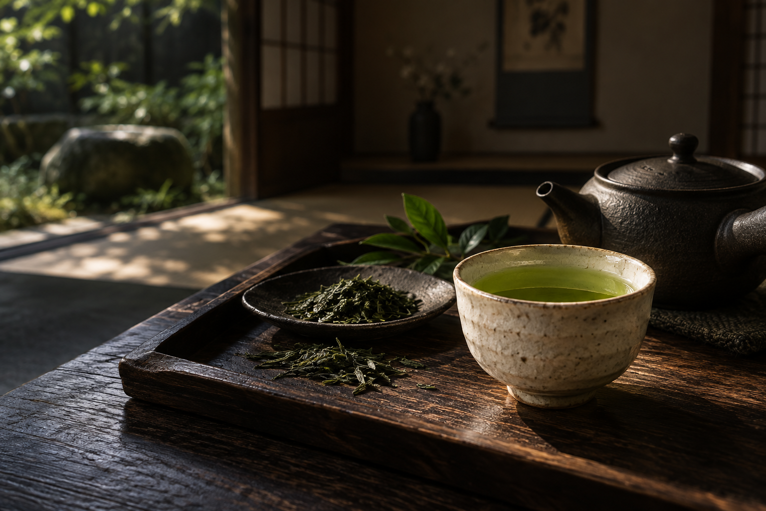 湯のみの緑茶と急須を木製のお盆に置いたAI生成イメージ